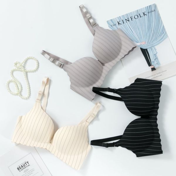 

fashion women seamless back closure bralette striped bra push up smooth padded bras wire brassieres new arrival, Red;black