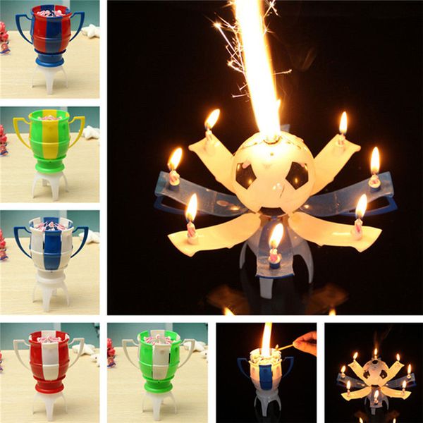 

8 lights musical candle romantic birthday candle rotating football cup soccer musical birthday cake decoration