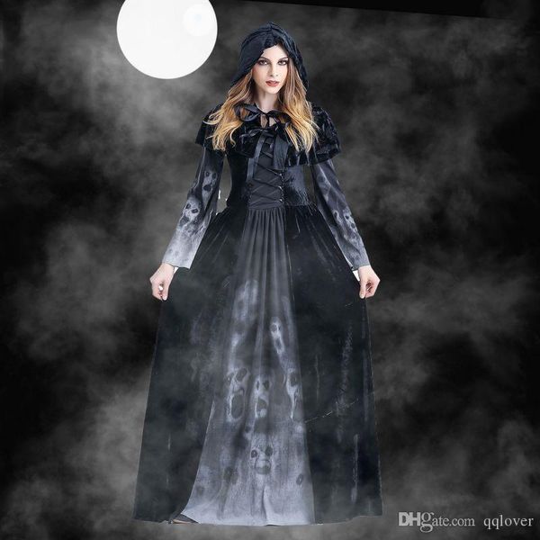 

женщины хэллоуин косплей vintage witch с длинным рукавом платье макси женские horror череп вампира косплей платье платья выпускного вечера, Black;red