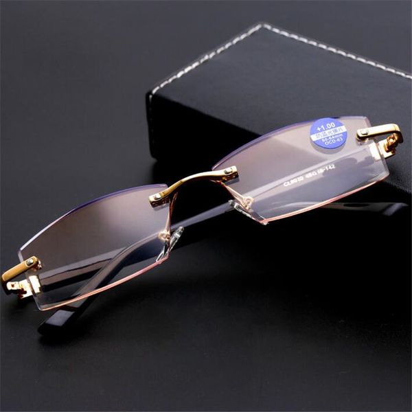 

diamond cutting rimless reading glasses women men blue light blocking square farsighted glasses power +1.0 +1.5 +2.0 to +4.0, White;black