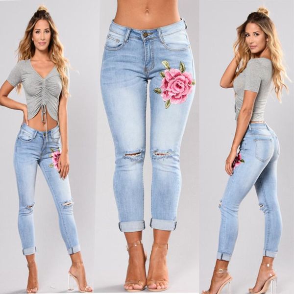 

new plus size blue high waist pencil ripped floral hole jeans woman stretch skinny vintage denim pants boyfriend elastic trouser