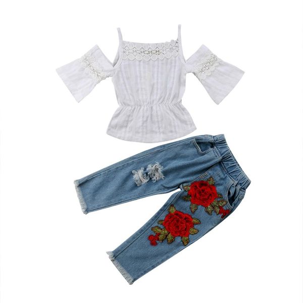 

toddler infant kids girl lace off shoulder embroidery flower denim pants jeans 2pcs outfits set clothes 1-6t, White