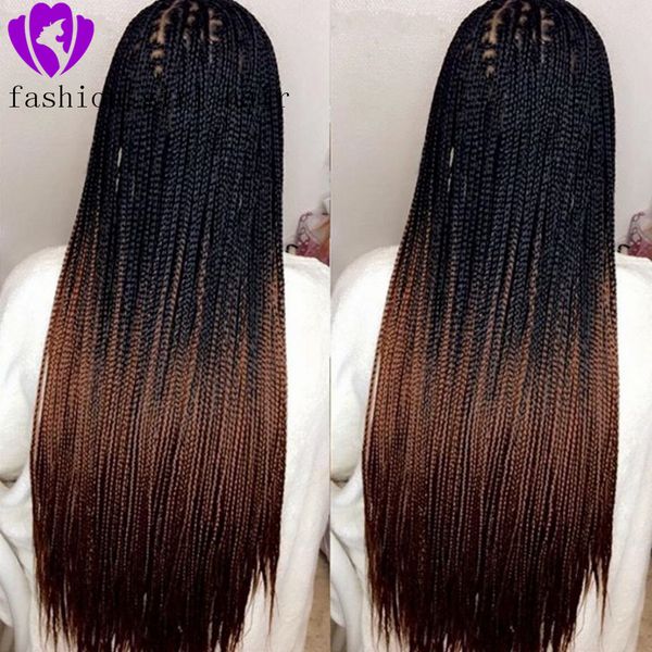 

new style two tone braided box braids wigs for women long synthetic lace front wig ombre brown heat resistant hair cosplay wig, Black;brown