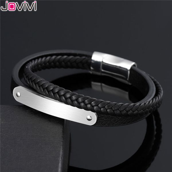 

jovivi 1pc genuine leather handmade double layer braided cuff stainless steel clasp brushed surface bangle id tag, Golden;silver