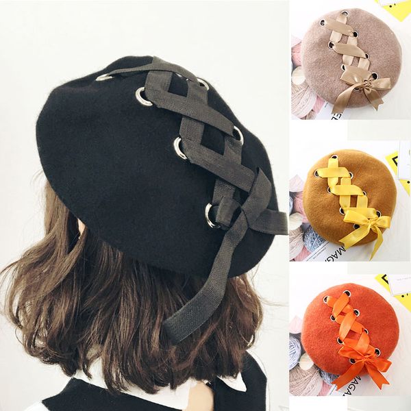 

retro berets women winter hats soft macaron color ribbon woolen lolita beret classical ribbon cap, Blue;gray