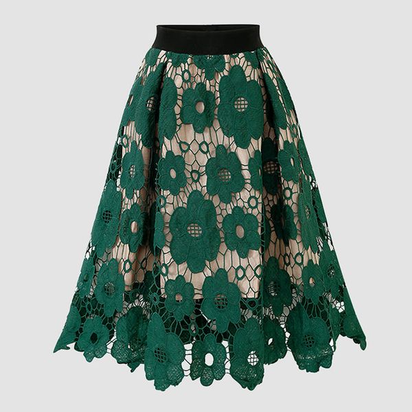 

women's lace flowers skirt europe and america new retro a-line long skirt elegant elastic waist lace hollow skirts falda ml368, Black