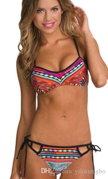

pei women bikini set retro ethnic printed strappy swimsuit 2017 bandage push up padded bra bathing suits, White;black