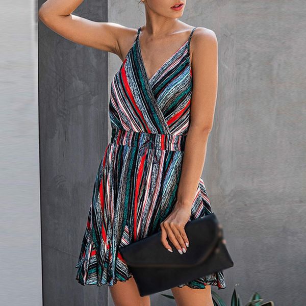 

women's dress summer rainbow stripe wrap v-neck sling elastic waist pleated skate dresses summer new sale, Black;gray