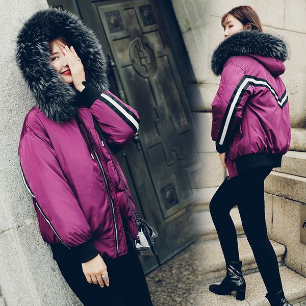 

women deep rose short parka jacket women winter hooded big faux fur padded coat 2018 new v back wind proof cotton wadded jacket, Black