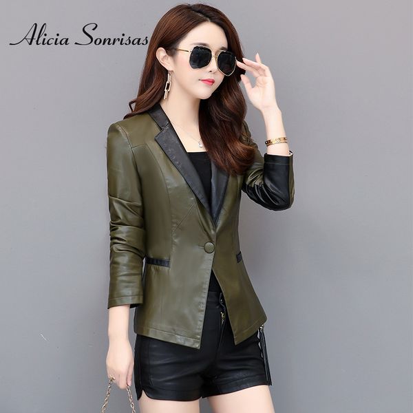 

plus size 3xl 4xl short pu leather jacket women one button biker coat big size motorcycle green suit outerwear kf6908, Black