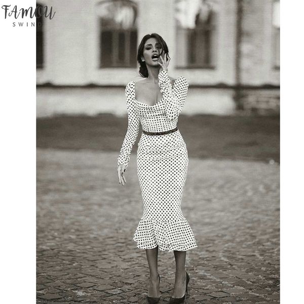 

elegant white knotted strap polka-dot mermaid hem summer pencil midi dress women slim bodycon office lady ruffle dresses, Black;gray