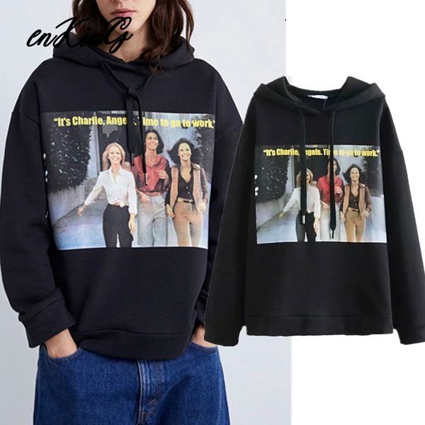 

2019 winter hoodies women england style vintage oversize girls pictures letter print hooded sweatshirt pullovers women, Black