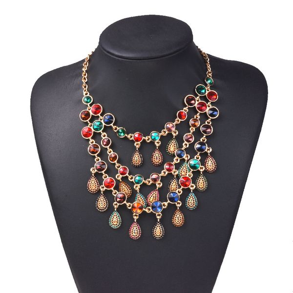 

bk vintage metal link necklace drop multi color bead statement pendant bib collar choker fashion tribal punk woman jewelry gift, Golden;silver