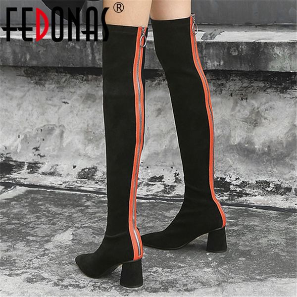 

fedonas 2020 new fashion women pointed toe over the knee boots warm winter back zipper riding boots high heels party shoes woman, Black