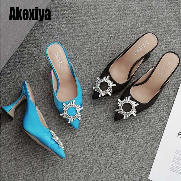 

new fashion high heels sun flower rhinestone muller shoes satin cloth pointed toe wine glass heels women's shoes s367, Black