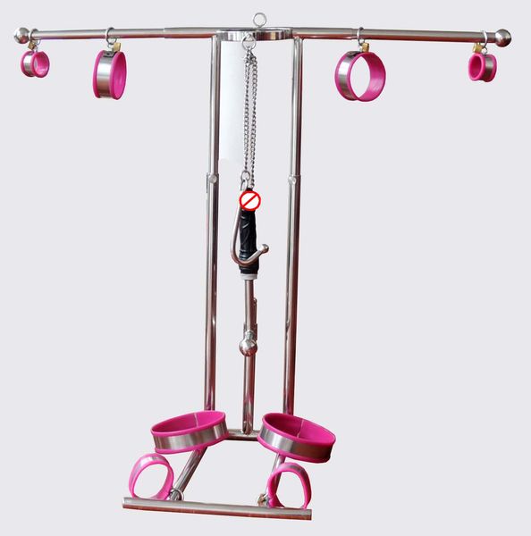 

steel stainless anal harness bondage force cuffs kneel training device with anklet thigh hook adults for dildo kneeling collar sm f opbo, Red;black