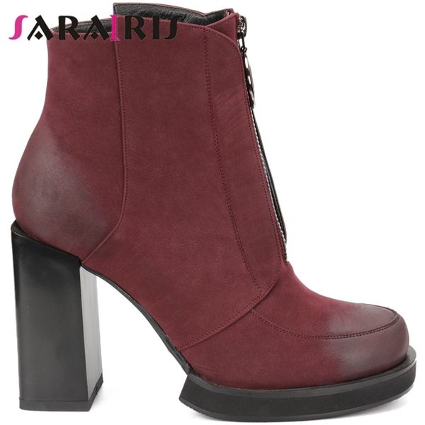 

sarairis 2019 new fashion large size 35-41 zip up ankle boots woman shoes square high heels platform shoes woman boots, Black