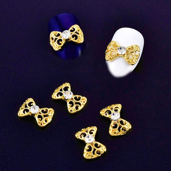 

10pcs gold hollow bowknot glitter rhinestones for nails alloy christmas holiday celebration nail art decorations 3d manicure diy, Silver;gold