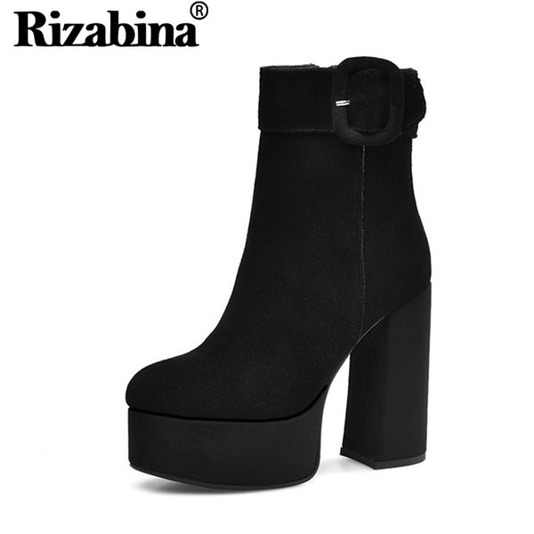 

rizabina ankle boots women real leather platform shoes women casual winter warm metal buckle zipper high heel boots size 34-43, Black