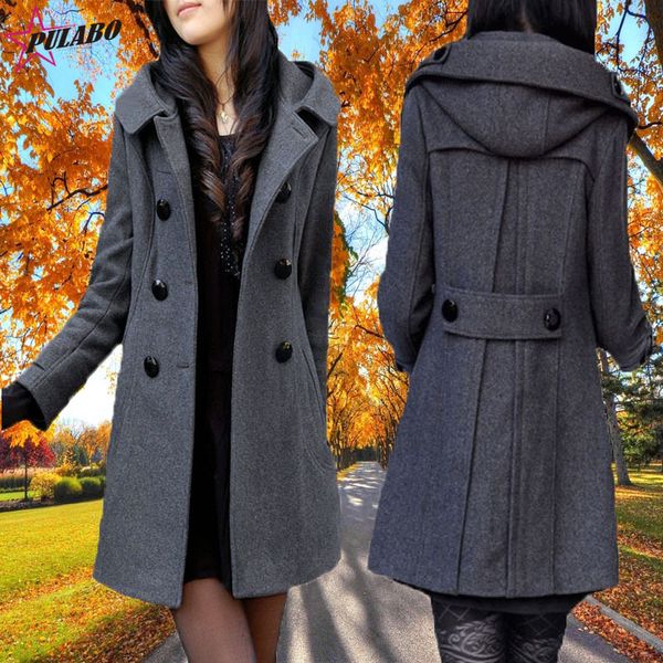 

pulabo women's winter double breasted wool blend long pea coat with hood woman coats winter 2018 abrigos mujer invierno female, Black