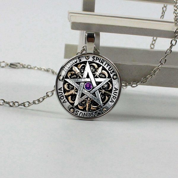 

fashion wiccan necklace black magic pagan pentagram pendant round glass dome gift ms. men's necklace, Silver