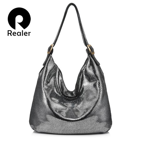 

realer brand women genuine leather shoulder bag female fashion handbag hobos large capacity with serpentine prints