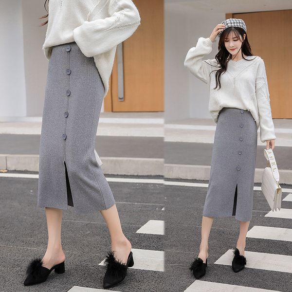 

women's long skirt female winter clothing 2019 new high waist split in the long paragraph hip a word knit skirt black gray apric