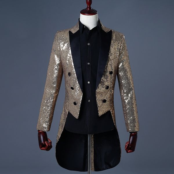 

fashion 2019 men gold silver red blue black sequin slim fit tailcoat stage singer prom dress costume wedding groom suit jacket, White;black