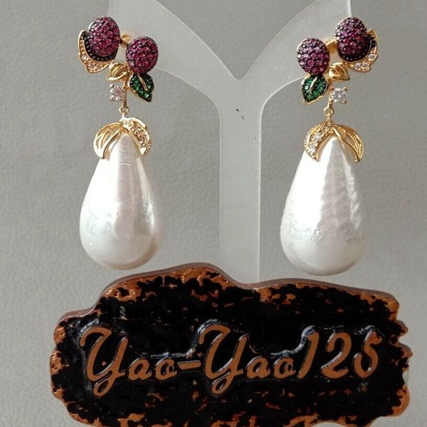 

teardrop white sea shell pearl cz pave cherry earrings, Silver