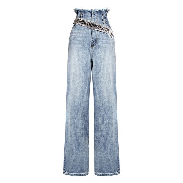 

msxu european wide leg trousers jeans ladies flash belt spring loose pants, Blue