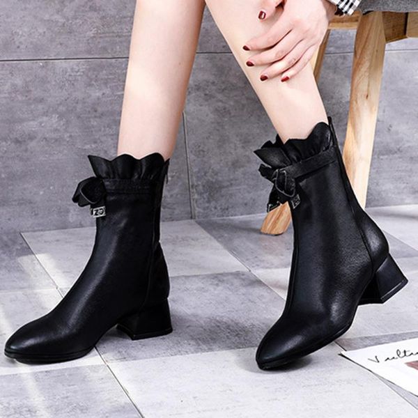 

women boots short plush warm winterankle boots butterfly-knot black boot ladies round toe booties thick heels short shoes 2019