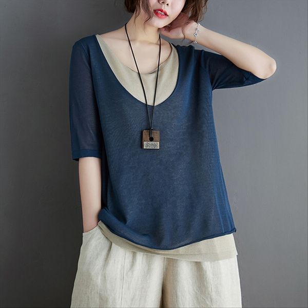 

6988#20 summer new fake two-piece knitted t-shirt women's loose artistic short sleeve large size and cotton linen t-shirt cotton linen, White