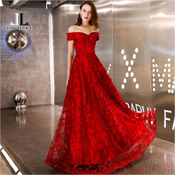 

lovoney evening dress 2019 new style a line boat neck long formal dress evening party dresses lace-up back gown ys454, White;black
