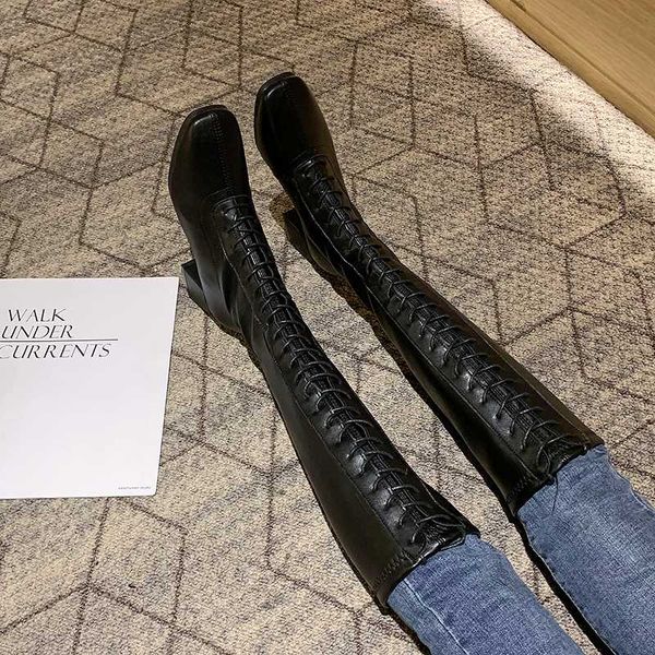 

lady boots women's rubber shoes rain lace up boots-women zipper thigh high heels high luxury designer ladies rock, Black
