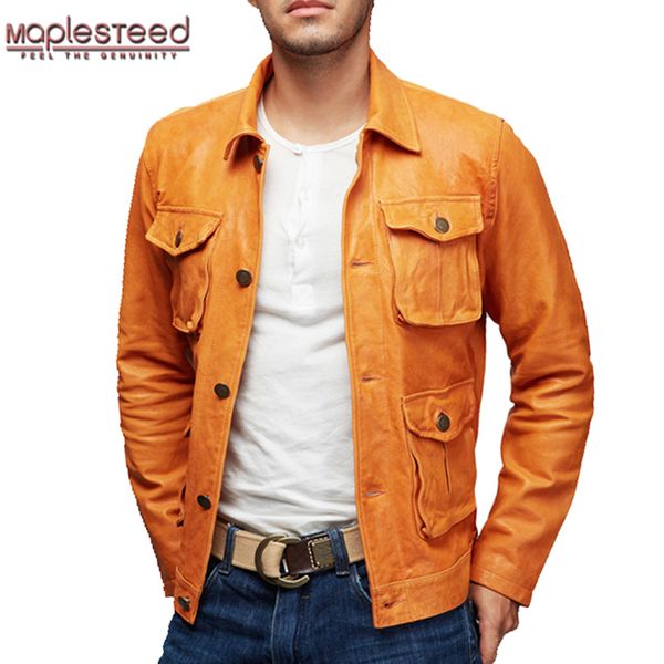 

maplesteed genuine leather jacket men leather coat vegetable tanned matte genuine goat skin pockets yellow male coat 158, Black