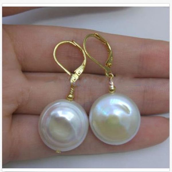

huge 17-18mm white baroque south sea pearl earrings 14k yellow gold, Golden;silver