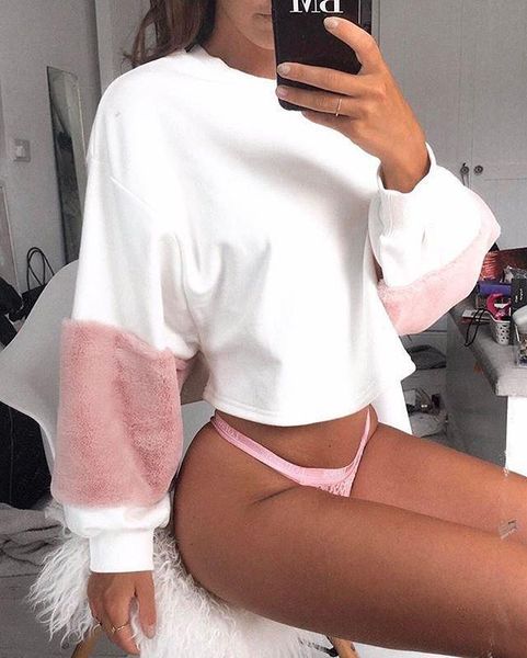 

2017102939 fuzzy fabric detail exaggerate sleeve color block pullover women long sleeve 2017 casual sweatshirt, Black