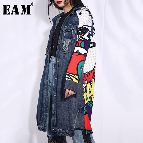

eam] 2019 new autumn winter lapel long sleeve blue pattern printed loose denim big size jacket women coat fashion tide w014, Black;brown