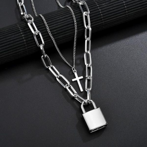 

alloy cross lock chain necklace punk sweater chain for women, Silver
