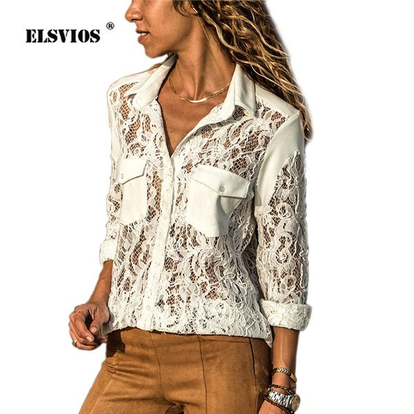 

elsvios 2019 women lace blouses long sleeve turn down hollow out lace blusas club ladies fashion solid office shirts, White