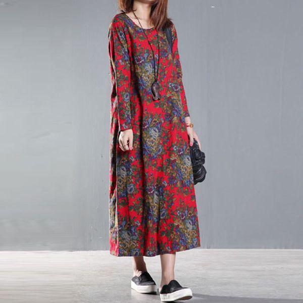 

fashion summer dress female 2018 plus size women long sleeve flower print cotton and linen loose long dress elbise robe vestidos, Black;gray