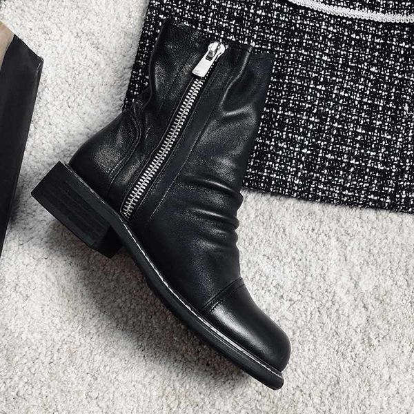 

motorcycle boots women's winter shoes genuine leather zipper personalized design western women mid-calf boots mujer, Black