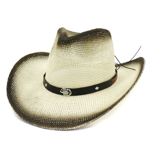 

fashion black spray-painted western cowboy paper straw hats with metal scorpion leather decor wide brim panama beach cap sunhat, Blue;gray