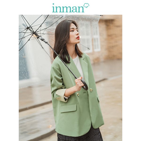 

inman 2019 autumn new arrival turn down collar drop-shoulder sleeve contrast elegant all matched light green women suit coat, White;black