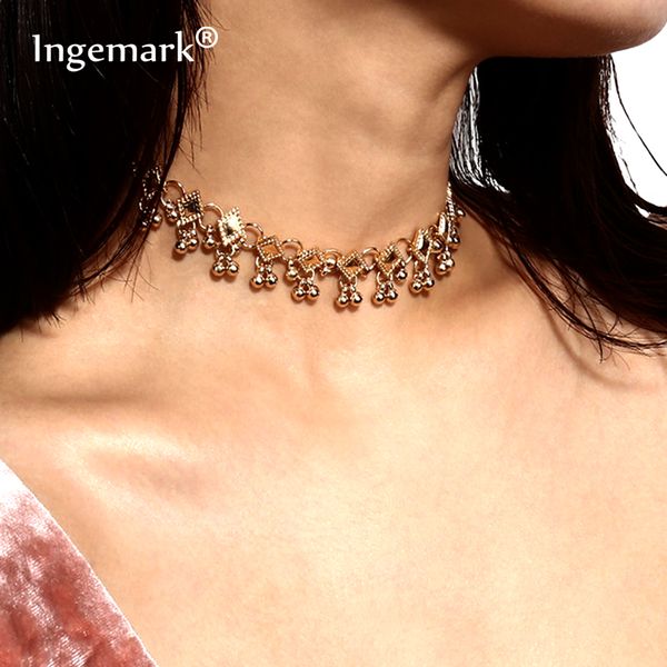 

ingemark stylish vintage rhombus choker necklace for women bohemian metallic beads tassel chain geometric necklace jewelry gift, Golden;silver