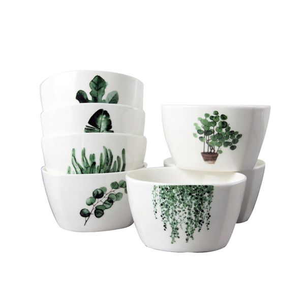

green tropical leaves porcelain bowls stackable 4.5 inch square bowl for soup snack cereal cactus musa banana leaf 7 pattern