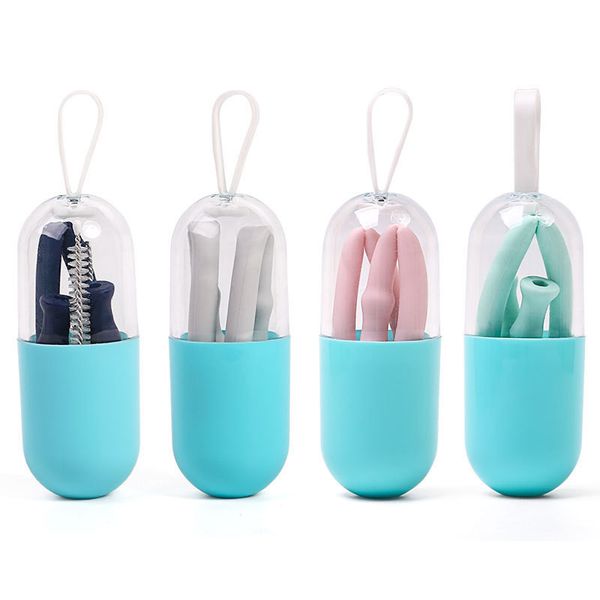 

new collapsible silicone straw reusable foldable drinking straw with carrying case and cleaning brush for travel
