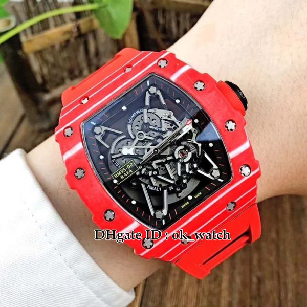 

new carbon fiber case r35-02 rafa japan miyota automatic mens watch hollow dial rubber strap all red gents sport watches, Slivery;brown