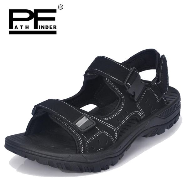 

pathfinder мужчины кожаные сандалии обувь лето мужские римские мягкие дышащие тапочки мода открытый пляж супер волокна повседневная обувь, Black