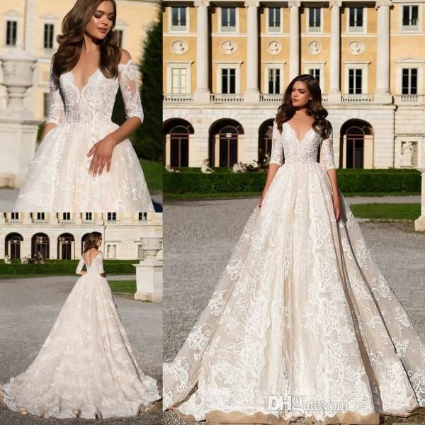 

milla nova 2019 country wedding dresses sheer v neck half sleeve lace appliqued bridal gowns plus size custom made, White